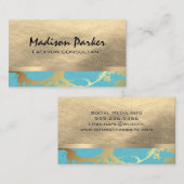 Carte De Visite Cuir et métal d'or | Marbre Turquoise or (Devant / Derrière)