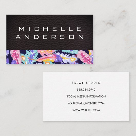 Carte De Visite Cuir | Motif en plumes colorées (Devant / Derrière)
