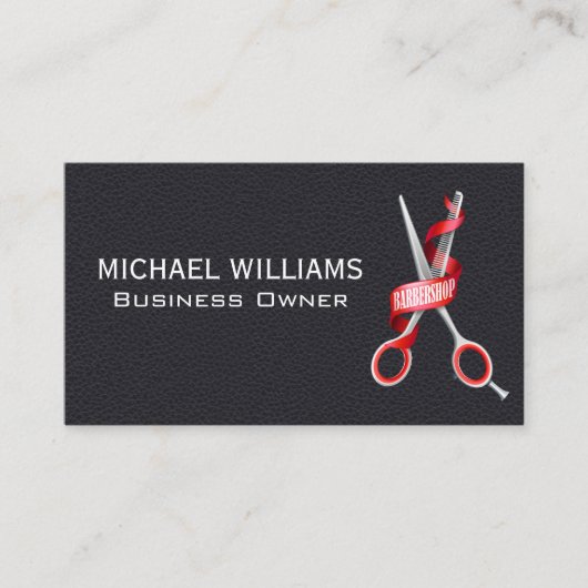 Carte De Visite Cuir noir | Ciseaux de magasin de coiffure (Devant)