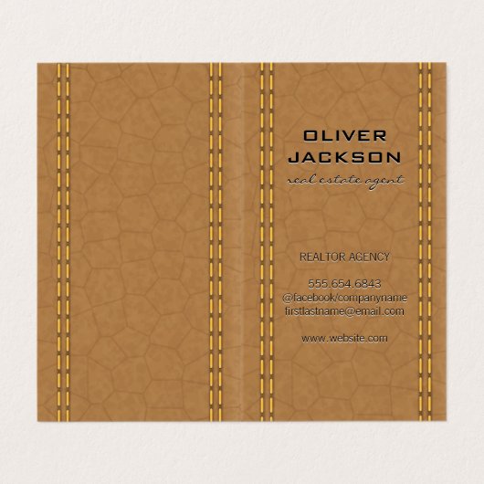 Carte De Visite Cuir Tan Double Trait (Extérieur déplié)