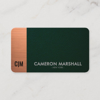 Carte De Visite Cuir Vert Luxueux Monogramme avec Accent Cuivre