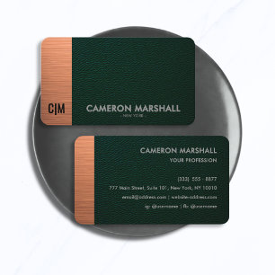 Carte De Visite Cuir Vert Luxueux Monogramme avec Accent Cuivre