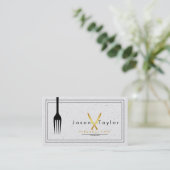 Carte De Visite Cuisine Retro Stone Blanc Chef Couteau Or Croisé (Debout devant)