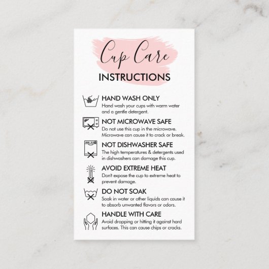 Carte De Visite Cup moderne rose Instruction Logo personnalisable (Dos)
