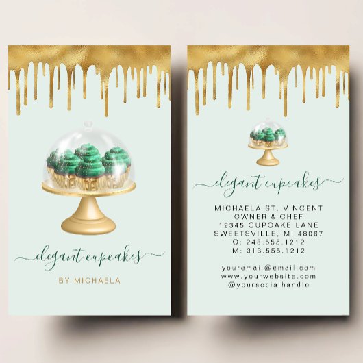 Carte De Visite Cupcake Bakery Emerald Green Faux Gold Foil Drip