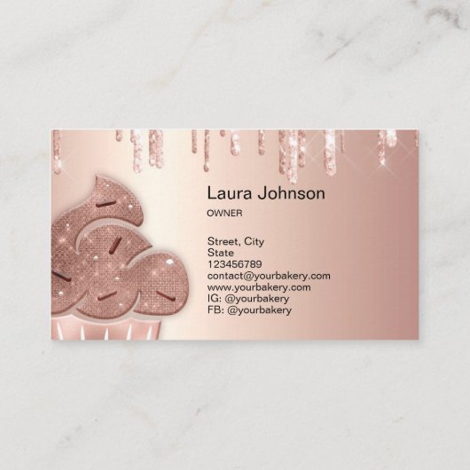 Carte De Visite Cupcake Bakery Pastry Chef Glitter Drips Rose Gold (Dos)