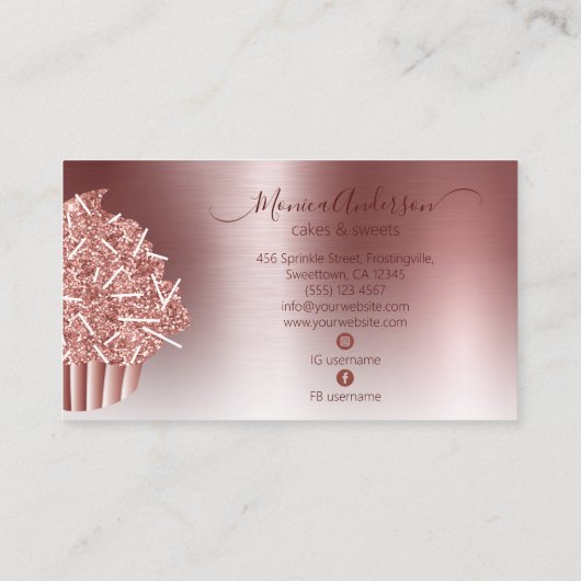 Carte De Visite Cupcake Bakery Pastry Chef Glitter Drips Rose Gold (Dos)