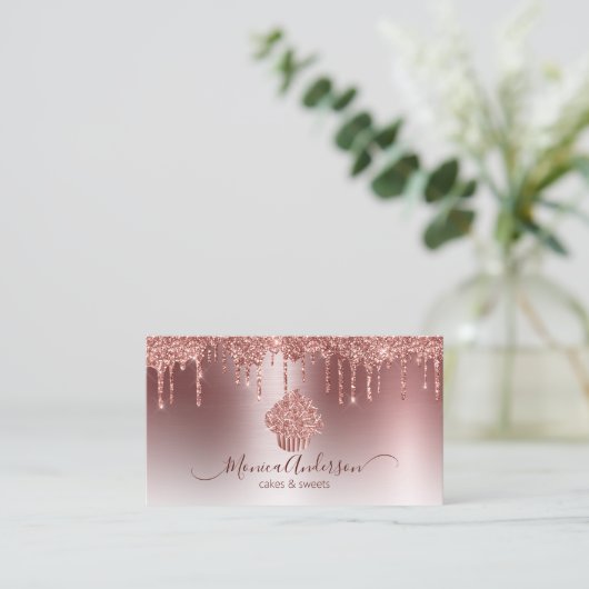 Carte De Visite Cupcake Bakery Pastry Chef Glitter Drips Rose Gold (Debout devant)