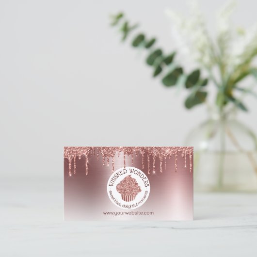 Carte De Visite Cupcake Bakery Pastry Chef Glitter Drips Rose Gold (Debout devant)