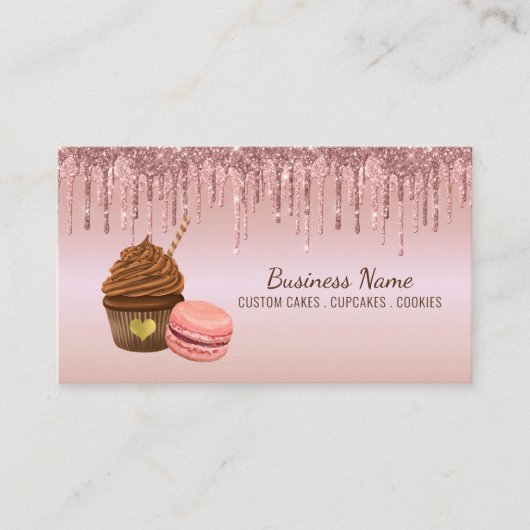 Carte De Visite Cupcake Bakery Pastry Chef Glitter Drips Rose Gold (Devant)