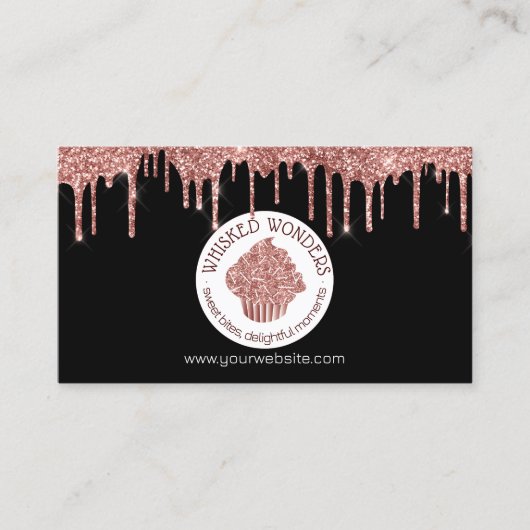 Carte De Visite Cupcake Bakery Pastry Chef Glitter Drips Rose Gold (Devant)