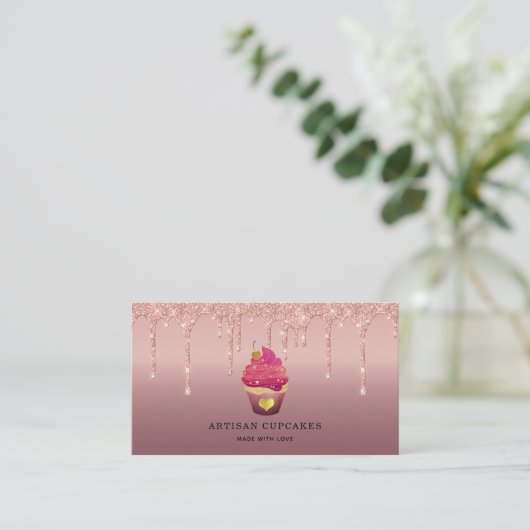 Carte De Visite Cupcake Bakery Pastry Chef Glitter Drips Rose Gold (Debout devant)