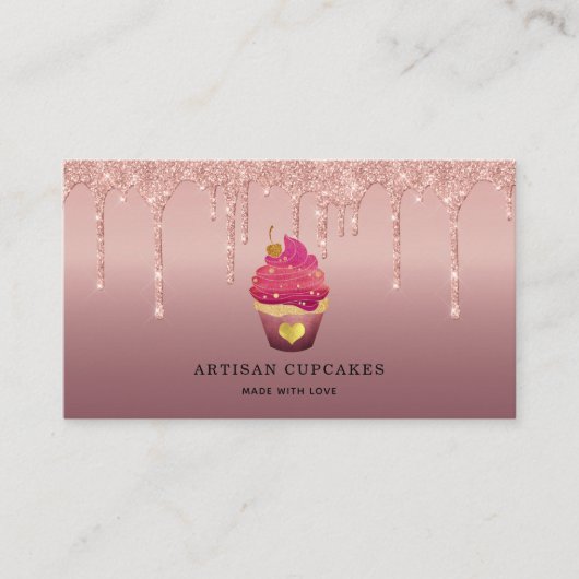 Carte De Visite Cupcake Bakery Pastry Chef Glitter Drips Rose Gold (Devant)