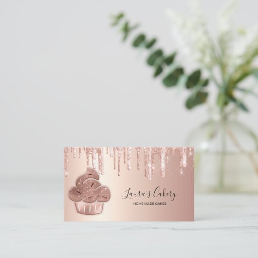 Carte De Visite Cupcake Bakery Pastry Chef Glitter Drips Rose Gold (Debout devant)