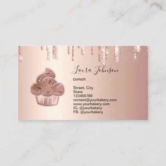 Carte De Visite Cupcake Bakery Pastry Chef Glitter Drips Rose Gold (Dos)