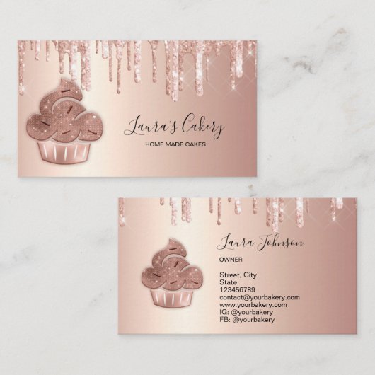 Carte De Visite Cupcake Bakery Pastry Chef Glitter Drips Rose Gold (Devant / Derrière)