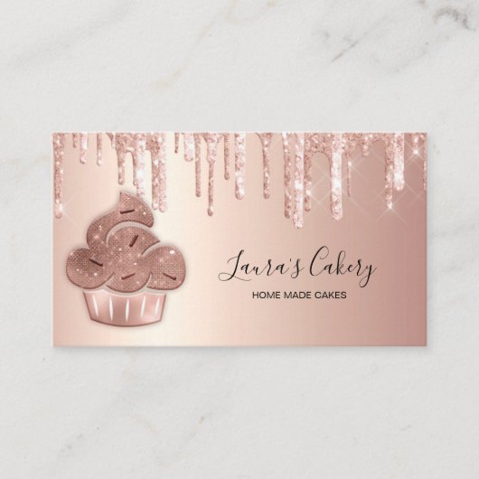 Carte De Visite Cupcake Bakery Pastry Chef Glitter Drips Rose Gold (Devant)