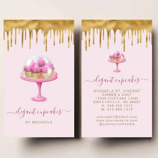 Carte De Visite Cupcake Bakery Pink Faux Gold Foil Drip