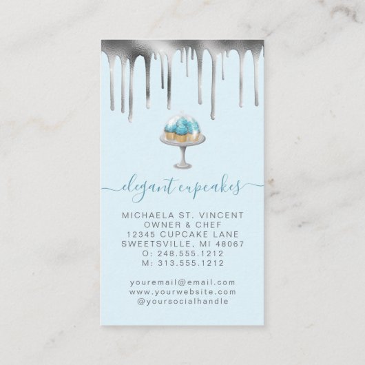 Carte De Visite Cupcake Bakery Teal Faux Silver Foil Drip (Dos)