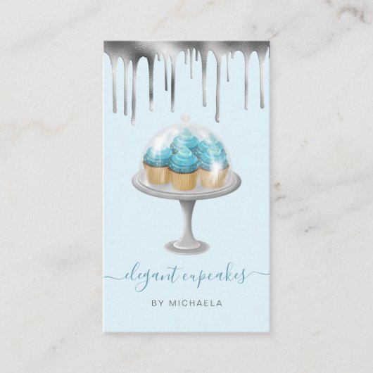 Carte De Visite Cupcake Bakery Teal Faux Silver Foil Drip (Devant)