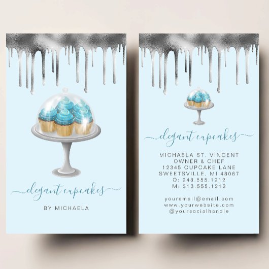Carte De Visite Cupcake Bakery Teal Faux Silver Foil Drip