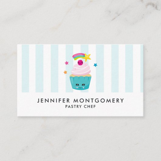 Carte De Visite Cupcake bleu mignon avec visage Kawaii (Devant)