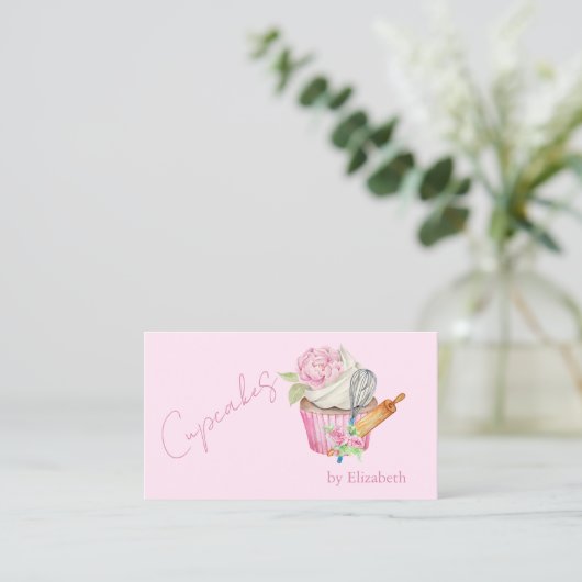 Carte De Visite Cupcake, Épingle, Whisk, Fleurs (Debout devant)