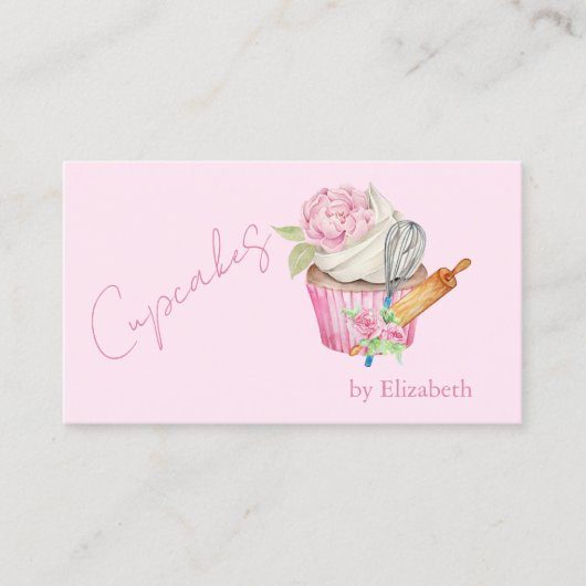 Carte De Visite Cupcake, Épingle, Whisk, Fleurs (Devant)