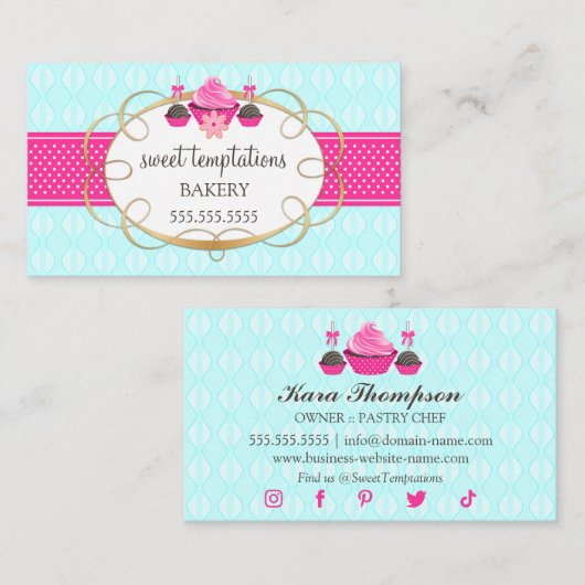 Carte De Visite Cupcake et Cake Pops Aqua Rose (Devant / Derrière)