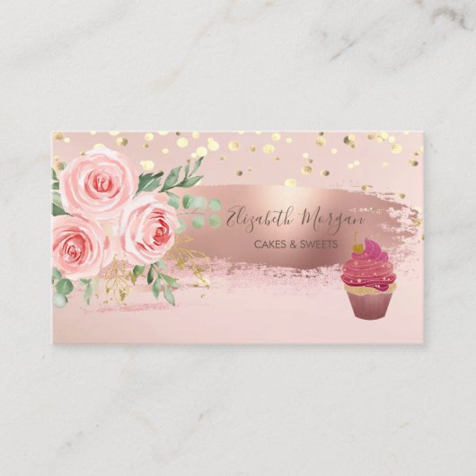 Carte De Visite Cupcake, Fleur, Confettis Dorés, Coup de Pinceau (Devant)