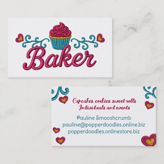 Carte De Visite Cupcake heart bakery baking faux embroidery (Devant / Derrière)