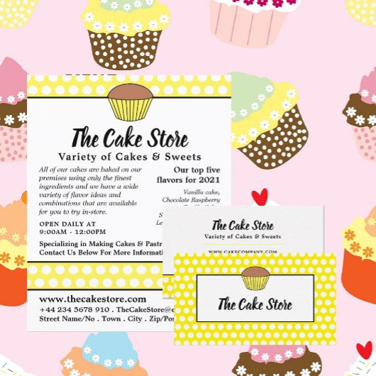 Carte De Visite Cupcake Jaune & Pointe Polka, Cake Maker, Cake Sto
