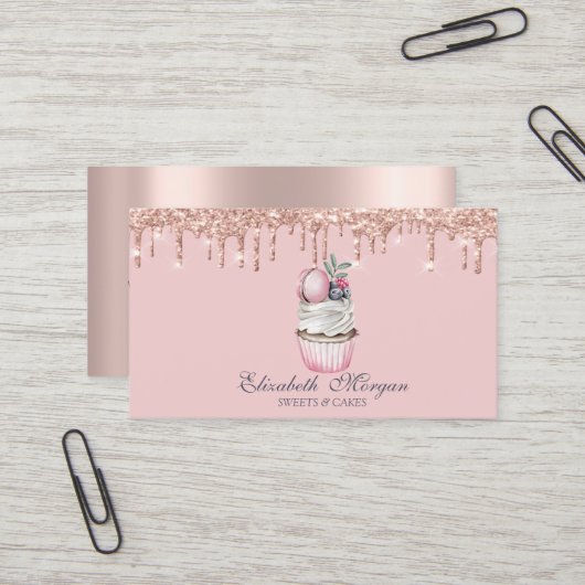 Carte De Visite Cupcake Macarons Luxe Drips Rose Gold Sweets (Devant/Arrière en situation)