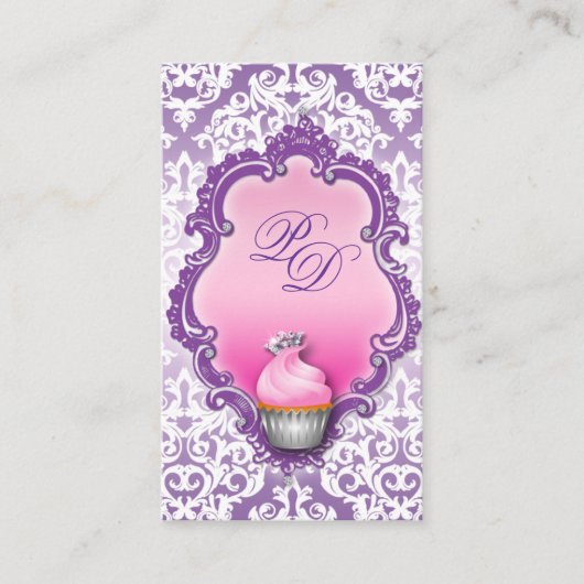 Carte de visite Cupcake Retro Damask rose violet (Devant)