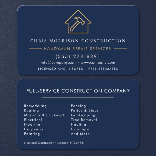 Carte De Visite Custom Construction & Handyman Navy Blue Gold