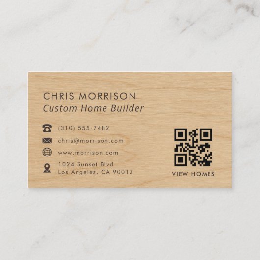 Carte De Visite Custom Home Builder Wood QR Code Professional (Dos)