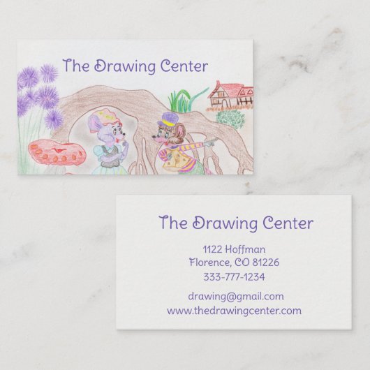 Carte De Visite Custom Kids Artwork, deux mignonnes souris, fleurs (Devant / Derrière)