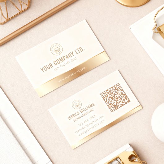 Carte De Visite Custom Logo Elegant Beige Gold QR Code