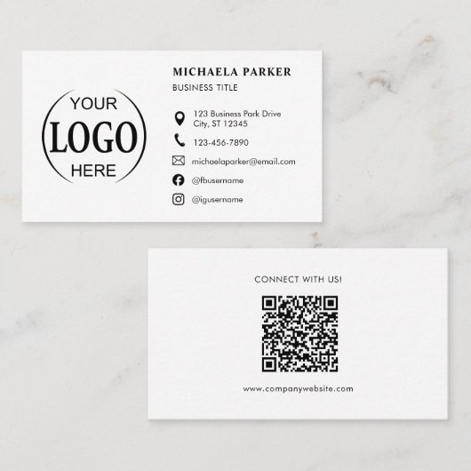 Carte De Visite Custom Logo Icons Modern White QR Code (Devant / Derrière)