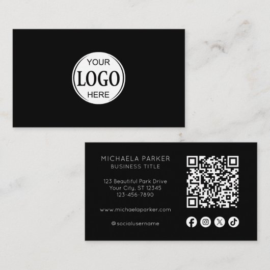 Carte De Visite Custom Logo Social Icon QR Code Professional Black (Devant / Derrière)