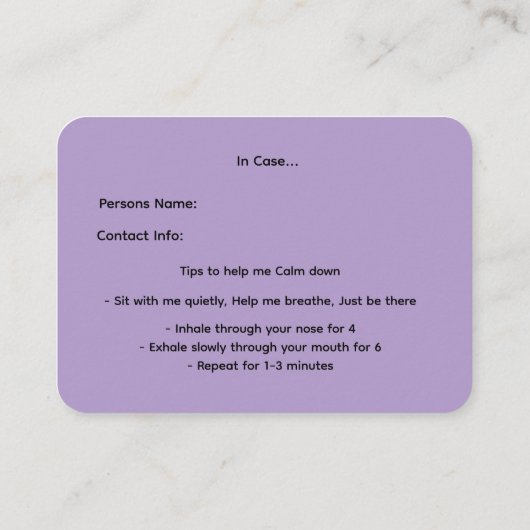 Carte De Visite Custom Panic Attack Help Card  (Dos)