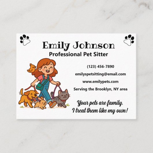 Carte De Visite Custom Pet Sitter Business Card with Cute Cartoon  (Devant)