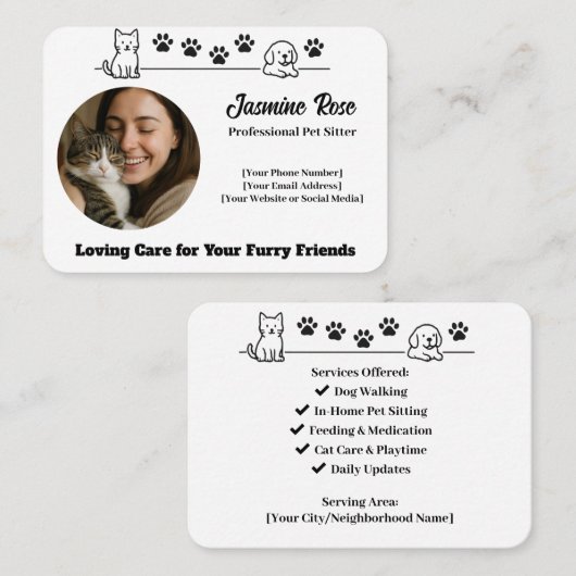 Carte De Visite Custom Pet Sitter Business Card with Photo  (Devant / Derrière)