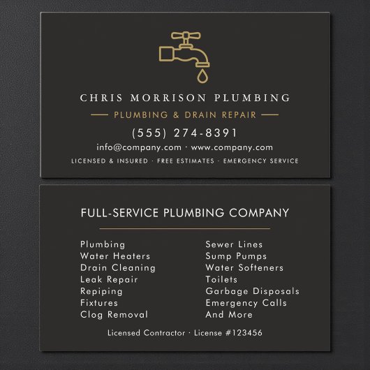 Carte De Visite Custom Plumber Dark Elegant Black & Gold 