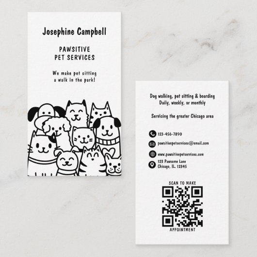 Carte De Visite Cute Animal Sitter Vétérinaire QR Code noir (Devant / Derrière)