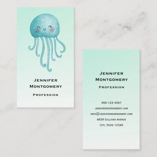 Carte De Visite Cute et Joyeuse méduse bleu-vert (Devant / Derrière)