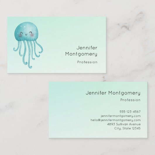 Carte De Visite Cute et Joyeuse méduse bleu-vert (Devant / Derrière)