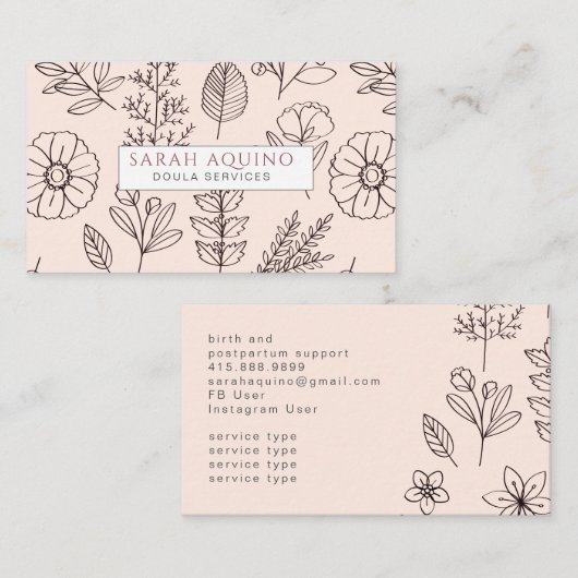 Carte De Visite Cute Floral Doula Rose services de naissance (Devant / Derrière)
