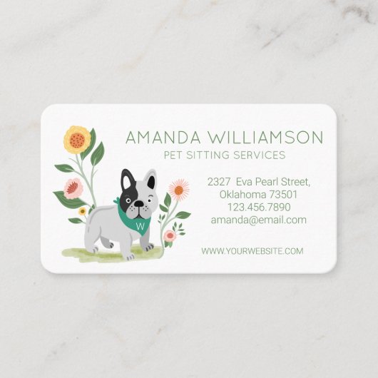 Carte De Visite Cute Floral Français Bulldog Services de soins pou (Devant)