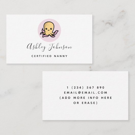 Carte De Visite Cute Kawaii Calmar Octopus Certifié Nanny Fun (Devant / Derrière)